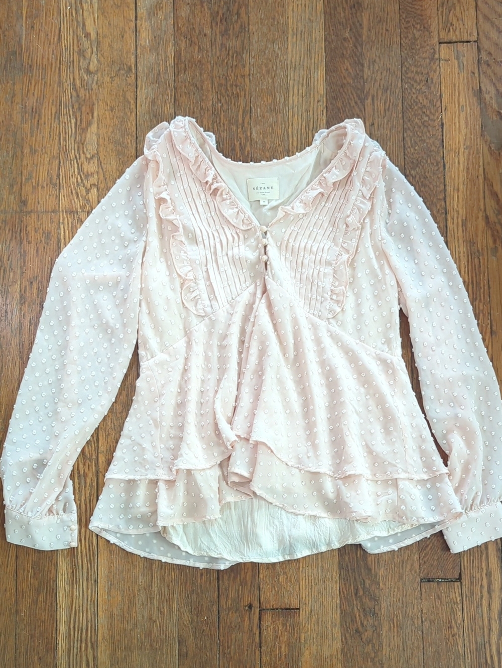 Sezane Mirta Blouse Swiss Dot Flirty Romantic Peachy/Pink  Ruffle Blouse Size 36